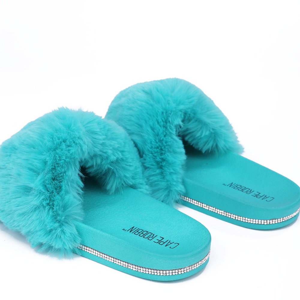 NEW🔥 Teal Faux Fur Rhinestone Slide Sandal Flip Flops Open Toe *FREE PAIR SHOE* - Picture 7 of 7